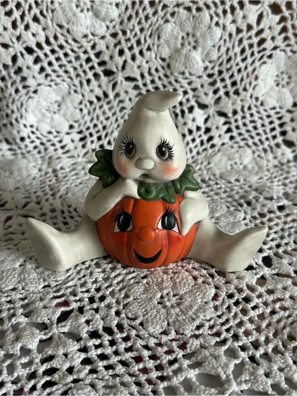 Vintage White Ghost/ Pumpkin/ Jack O Lantern Figurine - Halloween Home Accent